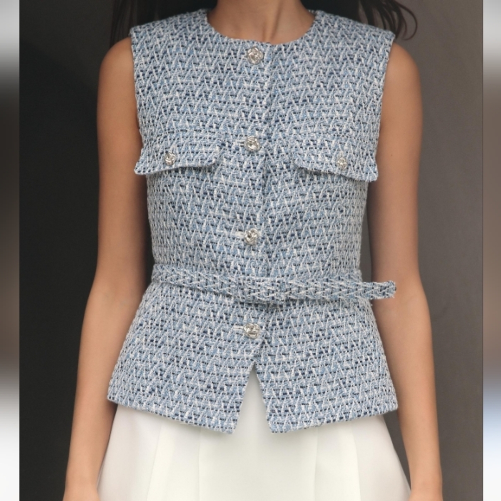 Zara Blue Textured Tweed Sleeveless Vest With Belt Sz-XL